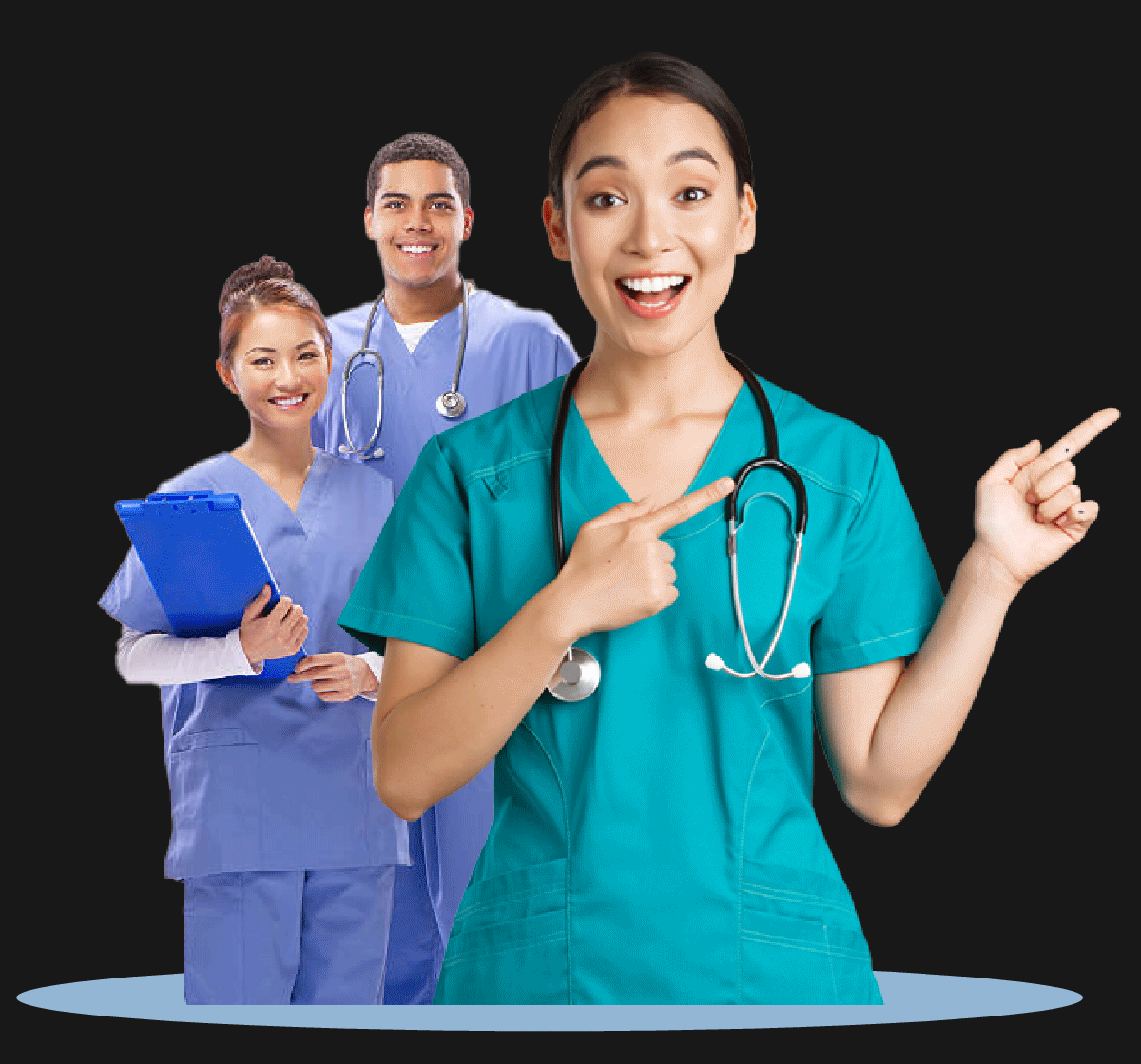 nurses in purple in the back with a nurse in teal pointing to